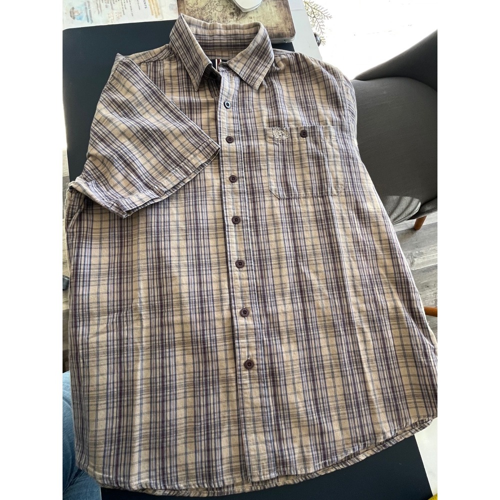 Phat Farm Short Sleeve Button Down brown plaid Shirt Mens Size Large